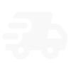 A simplified white icon of a delivery truck with motion lines behind it, indicating speed, on a light gray background.