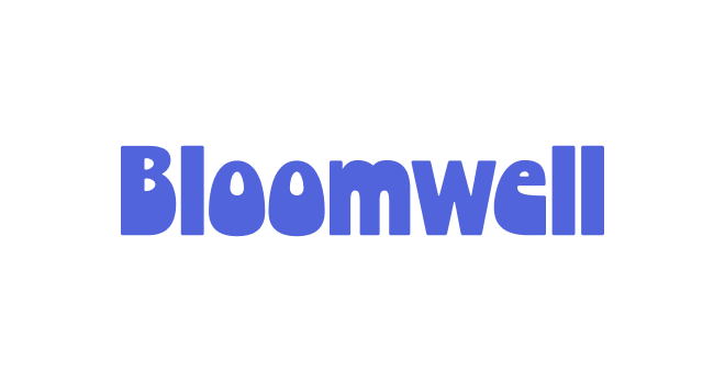 Bloomwell logo in blue against a black background.