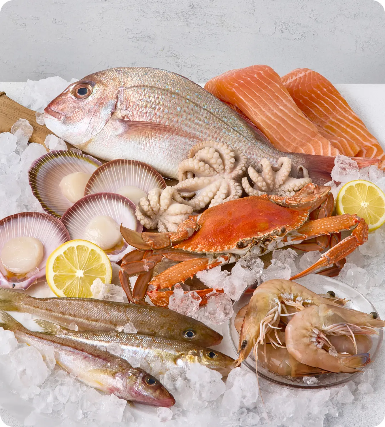 Fresh seafood platter: fish, crab, scallops, shrimp, octopus, lemon on ice.