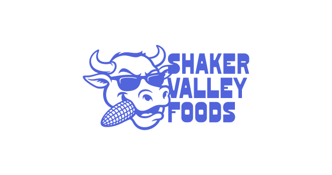 Shaker Valley Foods logo: Cartoon cow with sunglasses eating corn.
