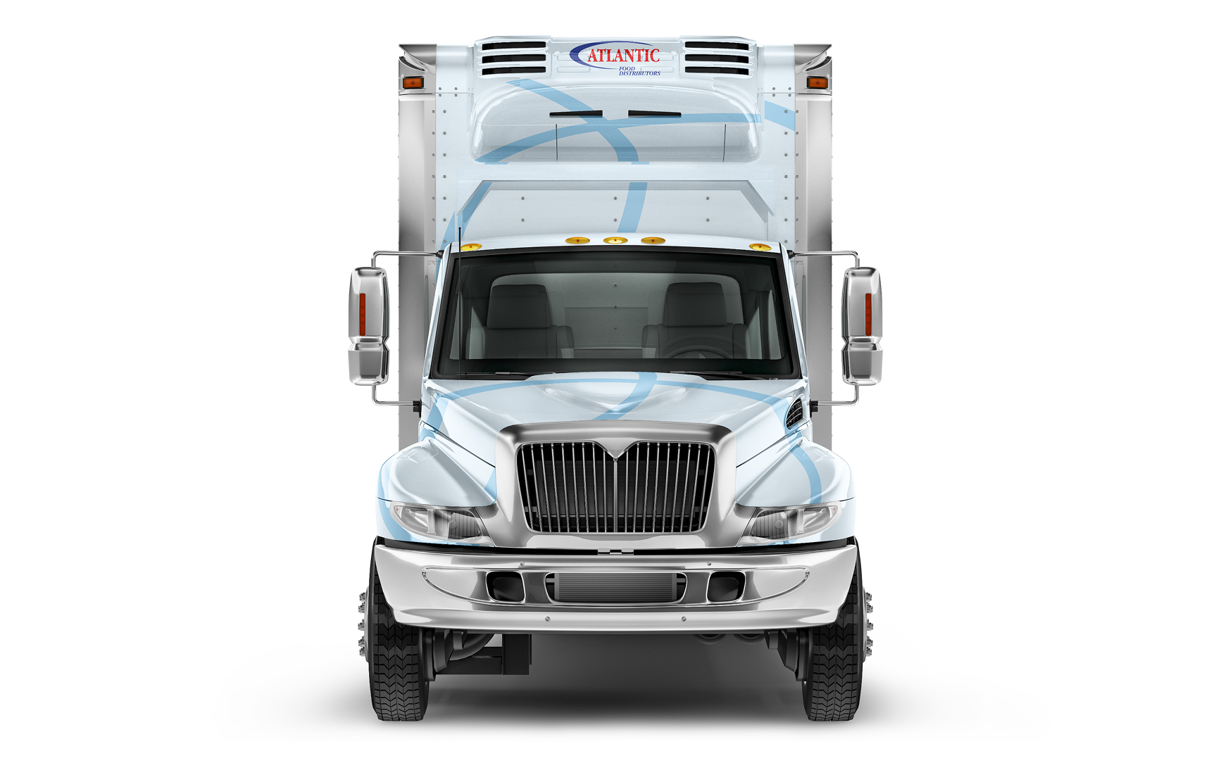 Front view of an Atlantic Food Distributors refrigerated delivery truck.