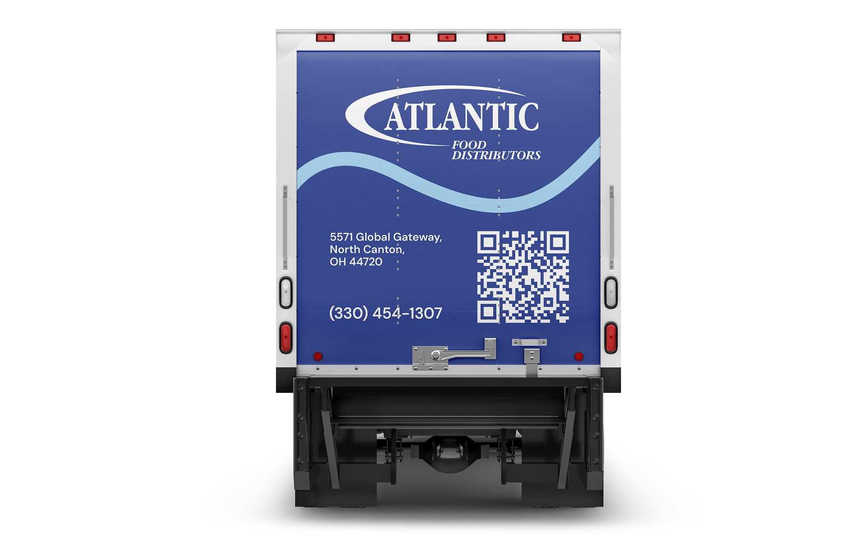 Atlantic Food Distributors truck rear view with logo, address and phone number.