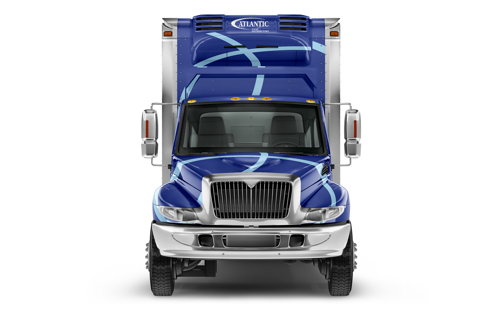 Blue Atlantic Food Distributors refrigerated truck, front view. Commercial delivery vehicle.