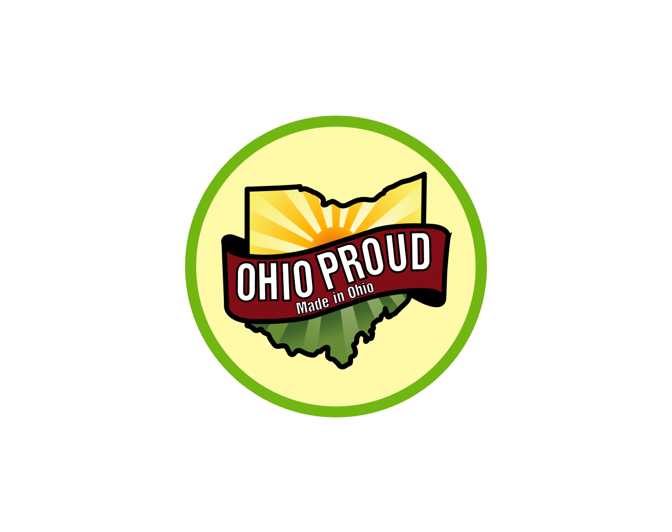 Ohio Proud logo featuring the outline of Ohio with a sunburst design, emphasizing local products made in Ohio.