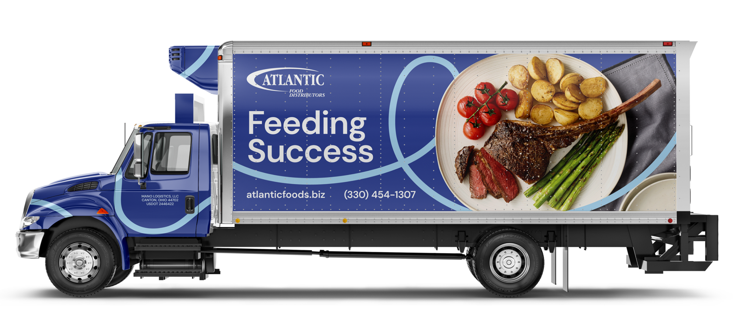 Atlantic Food Distributors truck featuring steak, potatoes, tomatoes, and asparagus. Feeding Success.