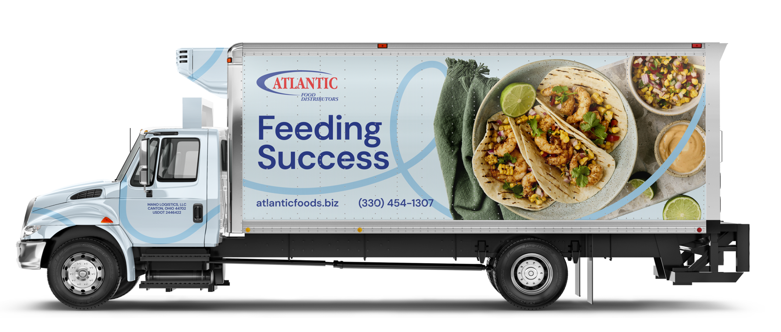 Atlantic Food Distributors delivery truck with "Feeding Success" slogan and shrimp tacos image. Contact: (330) 454-1307