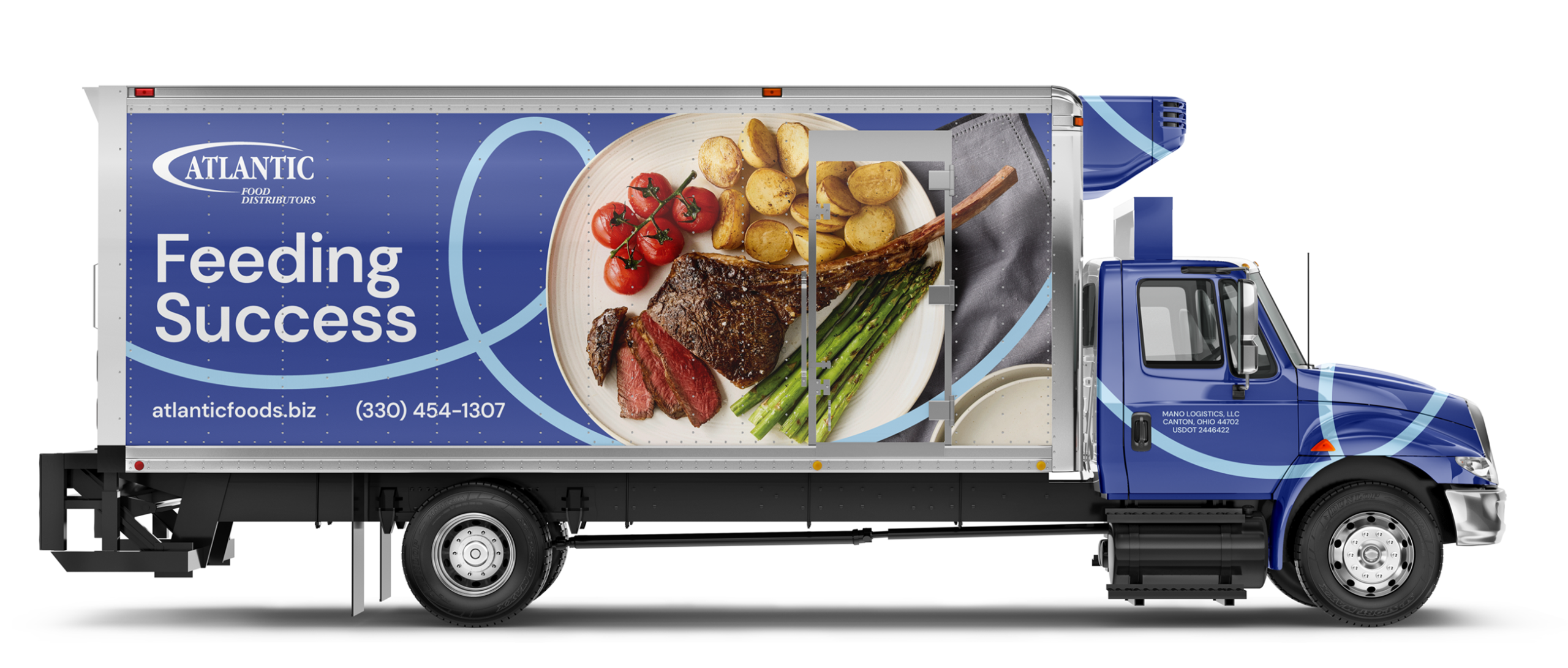 Atlantic Food Distributors truck featuring a steak dinner image. "Feeding Success" slogan. atlanticfoods.biz