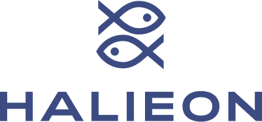 Logo of Halieon, featuring two stylized fish symbols above the brand name in a modern, blue font.