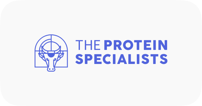 Logo of The Protein Specialists featuring a stylized cow head and the brand name in blue, emphasizing expertise in protein products and nutrition.