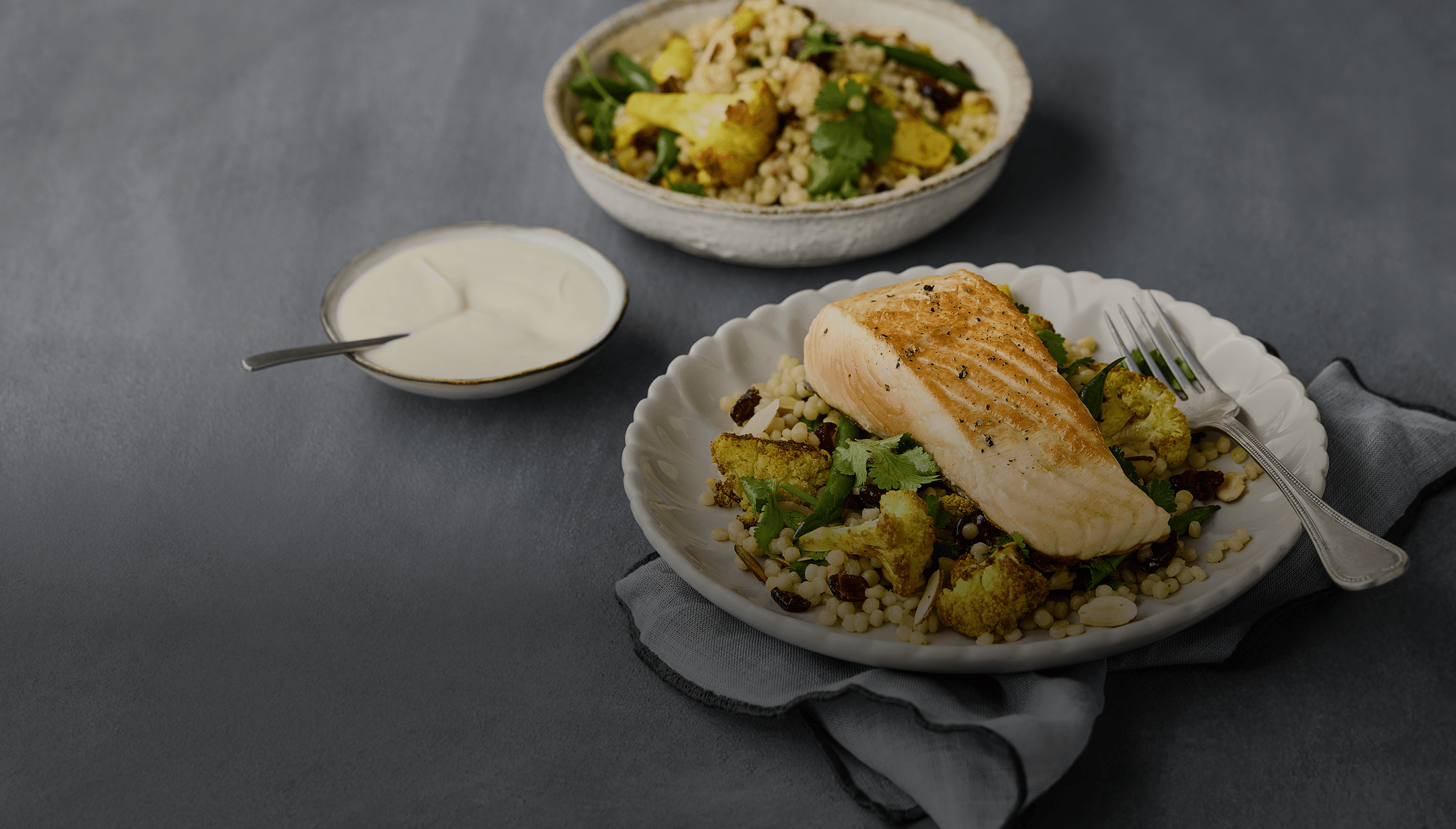 Roasted Cauliflower & Pearl Couscous Salad with Salmon and Tahini Dressing